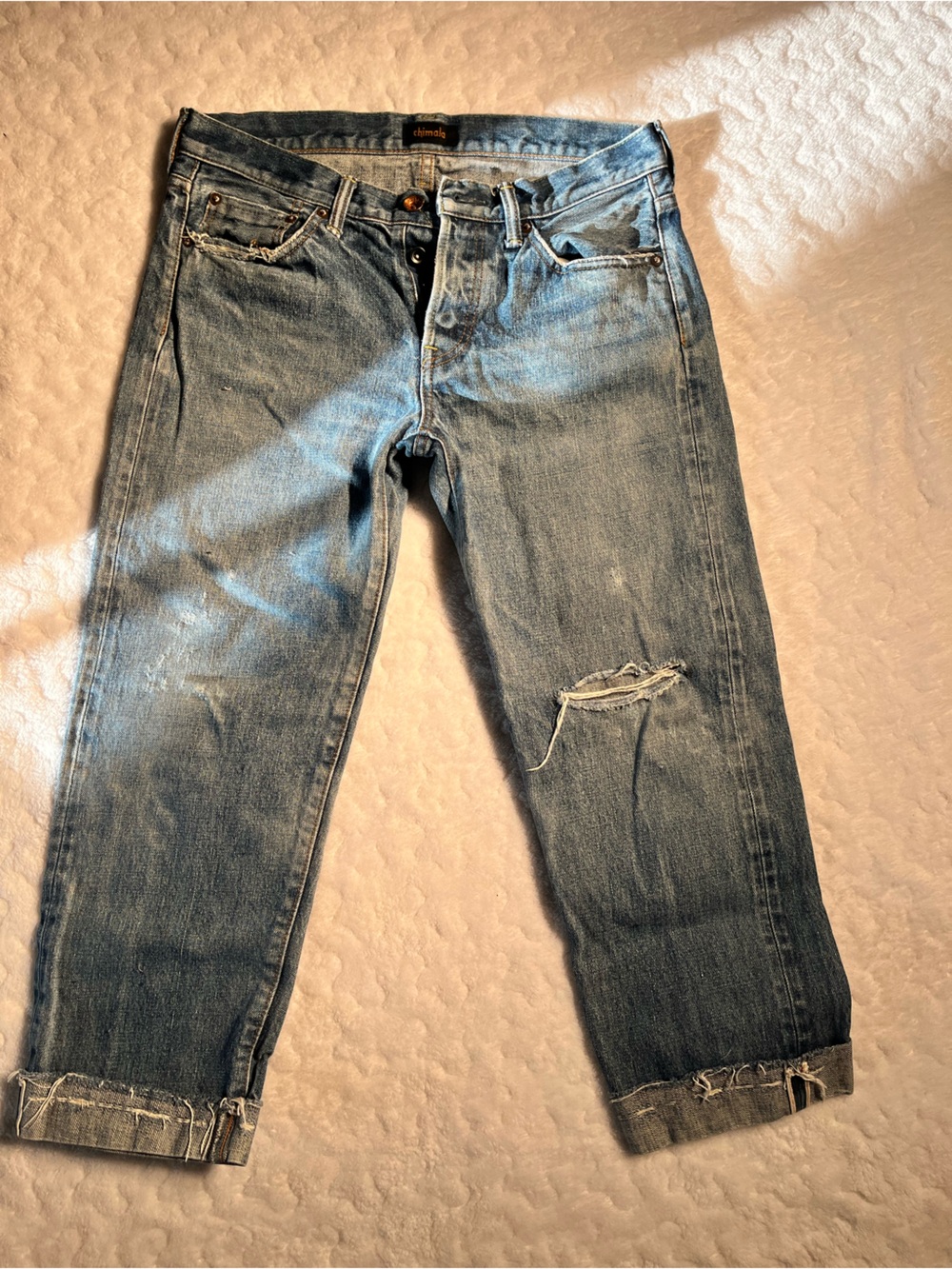 Japanese selvedge Distressed Blue Denim Chimala Jeans.